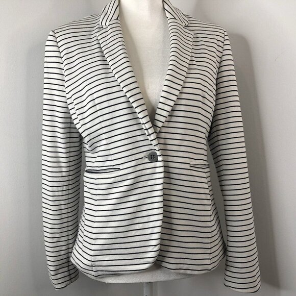 Apt 9 Womens Blazer Jacket Size S Knit White Black Stripe Lined Coastal Preppy - Picture 3 of 10